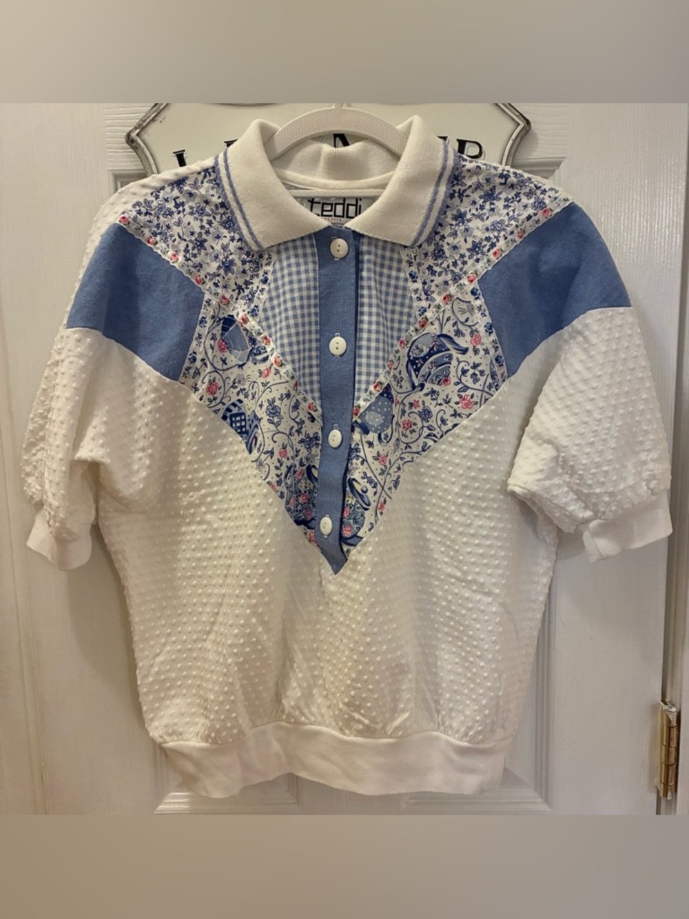 Vintage Teddi White and Blue Patchwork Polo Top